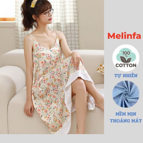 Váy ngủ hai dây nữ vải Cotton lụa tự nhiên thoáng mát mềm mại, đầm mặc nhà mùa hè freesize mã VAV0288