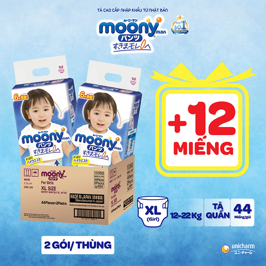 [CỘNG 12 MIẾNG] Thùng combo 2 gói tã quần Moony cao cấp XL38+6 (Girl) - Nhập khẩu từ Nhật Bản