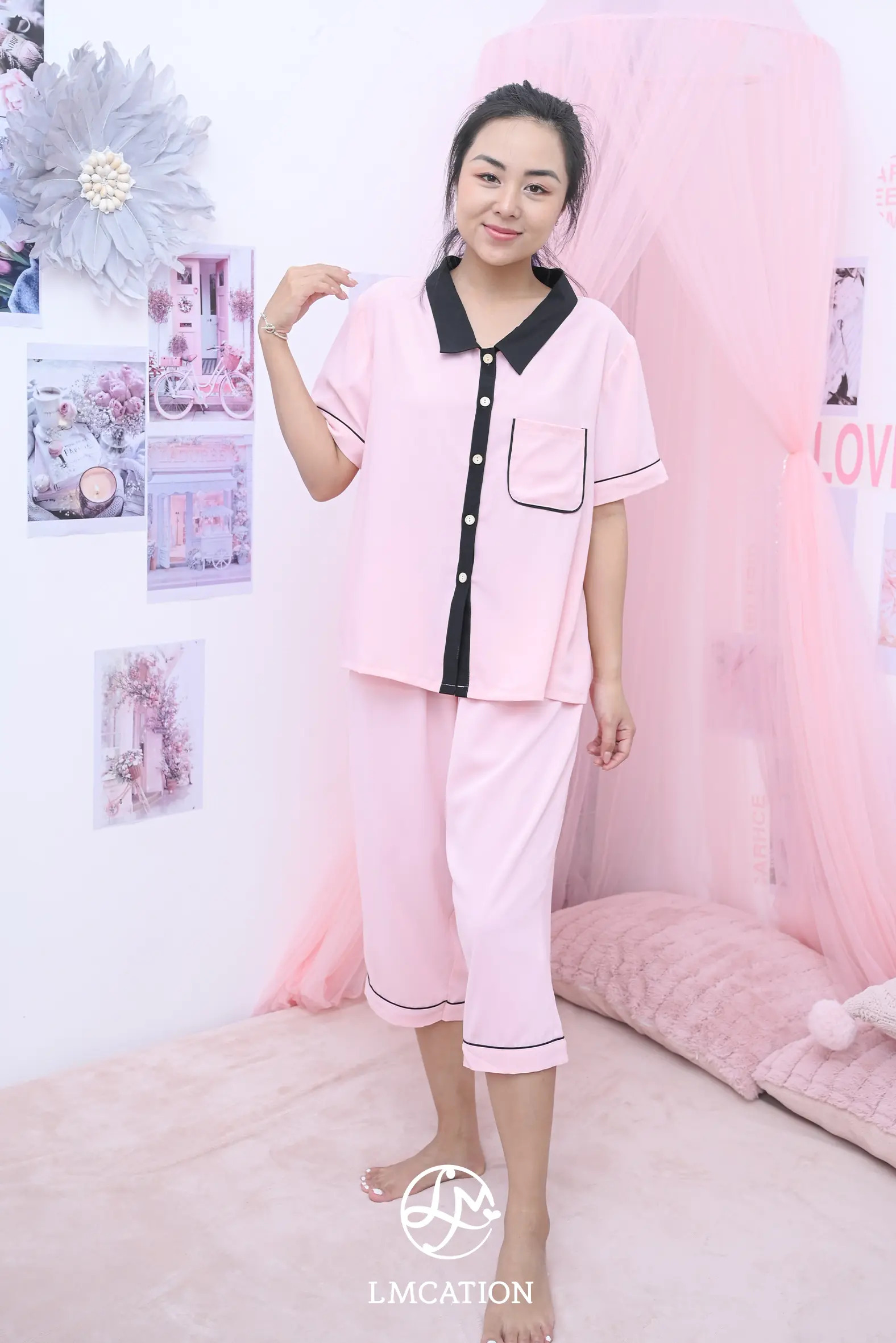 Đồ Bộ Mặc Nhà LMcation - Áo pijama & Quần lửng pijama Alia - Màu hồng phấn