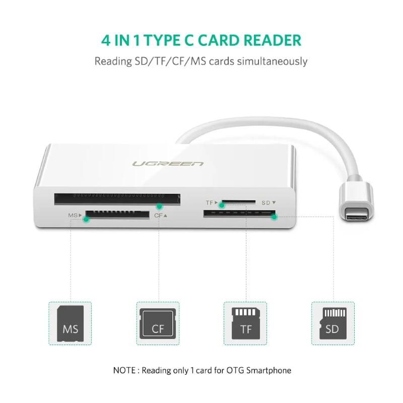 Ugreen UG40445US214TK 15CM màu Trắng Đầu đọc thẻ USB TYPE C sang 4 cổng TF + SD + CF + MS 4.0 - HÀNG CHÍNH HÃNG