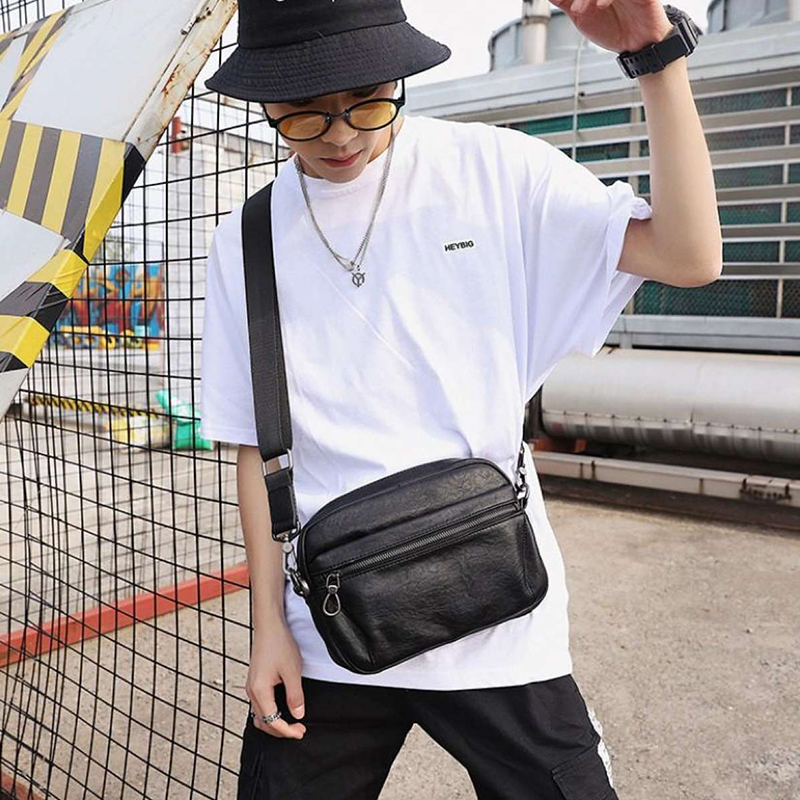 Men's PU Leather Cross Body & Shoulder Bag - Black