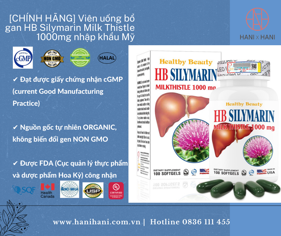 Viên uống bổ gan HB Silymarin Milk Thistle 1000mg nhập khẩu Mỹ, chiết xuất cây kế sữa tăng cường chức năng gan, hạ men gan, giải độc gan hộp 100 viên