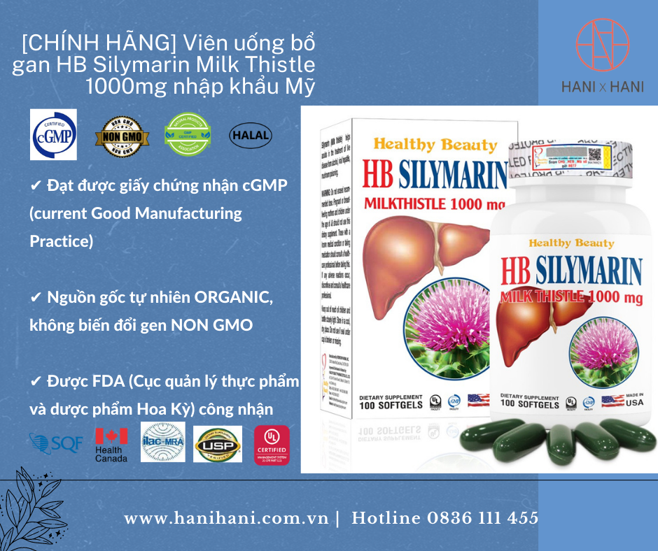 [CHÍNH HÃNG] Viên uống bổ gan HB Silymarin Milk Thistle 1000mg nhập khẩu Mỹ, chiết xuất cây kế sữa tăng cường chức năng gan, hạ men gan, giải độc gan hộp 100 viên