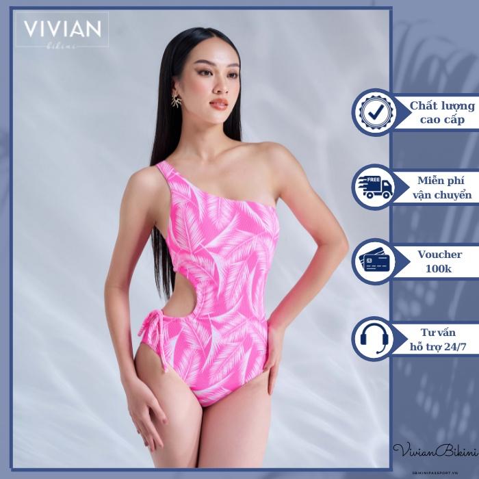 Đồ bơi nữ cao cấp dạng một mảnh lệch vai, eo cutout - Hồng - VS201_PK
