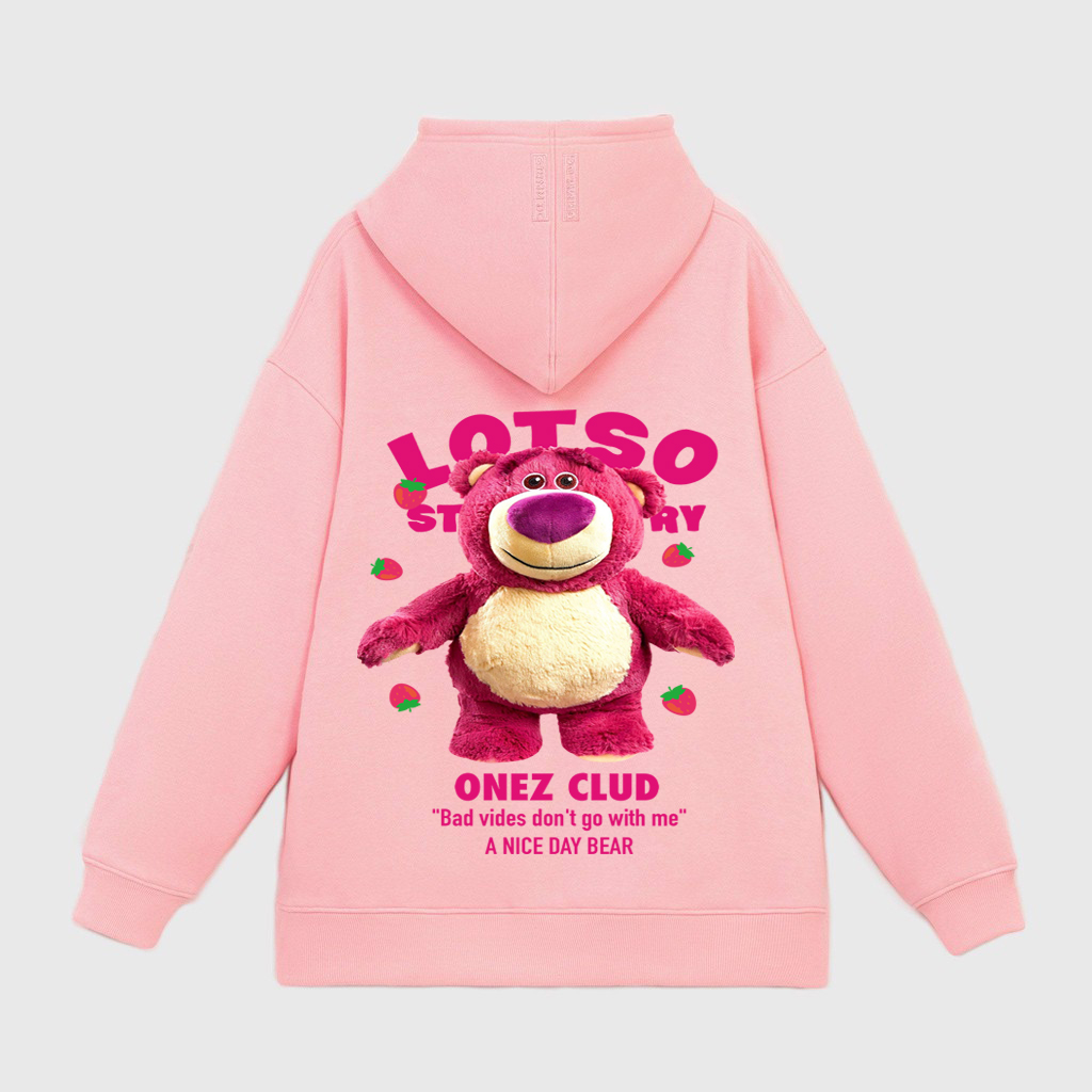 Hình ảnh Áo hoodie gấu dâu Lotso local brand form rộng OneZ màu hồng nỉ bông hàn quốc đẹp ,mềm mịn có mũ 2 lớp dày