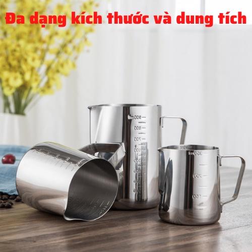 Ca đánh sữa Inox 304 chia vạch dung tích 350-550- 600ml pha latte tạo hình nghệ thuật cà phê Espresso dụng cụ pha chế