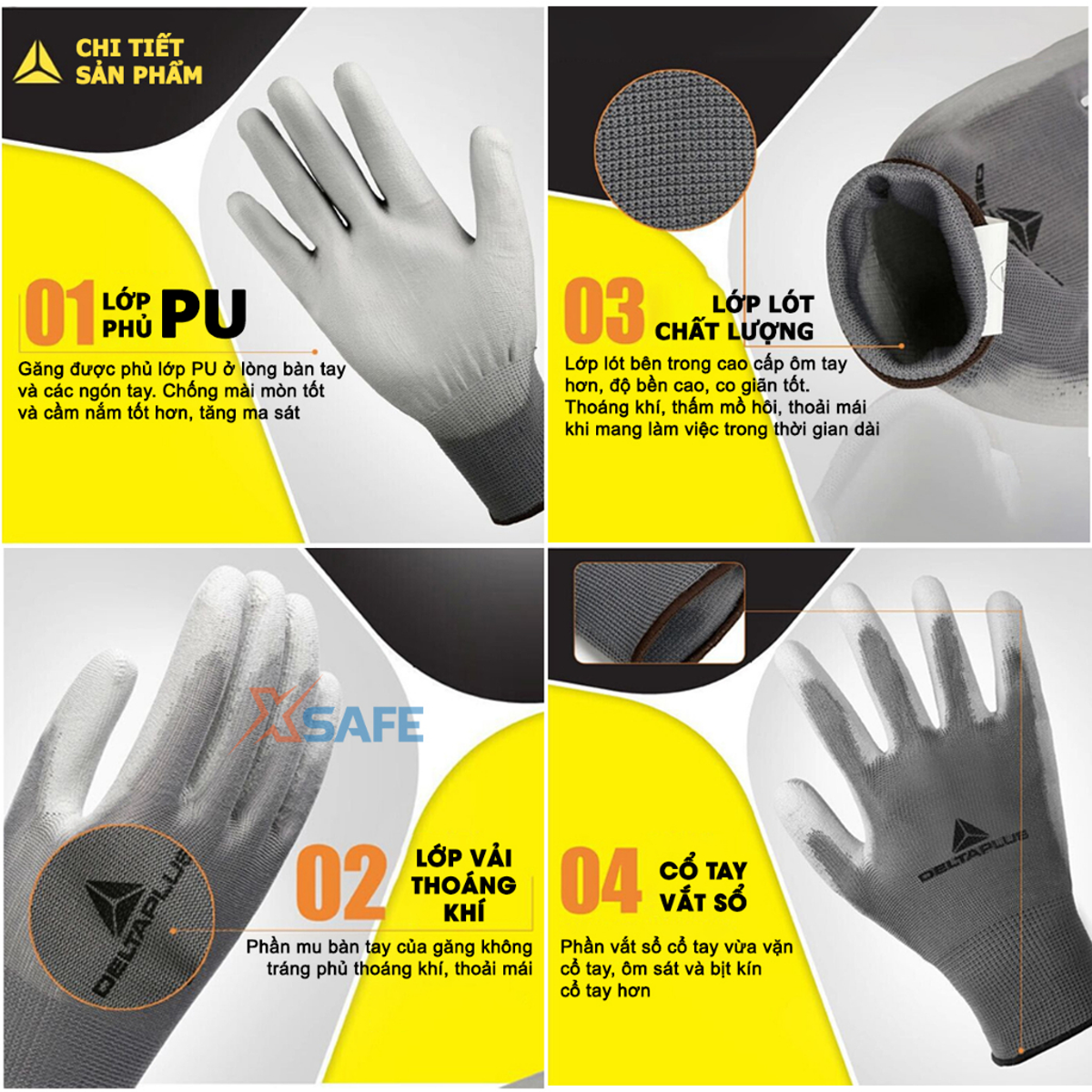 Găng tay lao động Deltaplus VE702PG phủ PU ôm tay, dễ cầm nắm, chống dầu, sửa chữa, vận hành Bao tay đa dụng - XSAFE