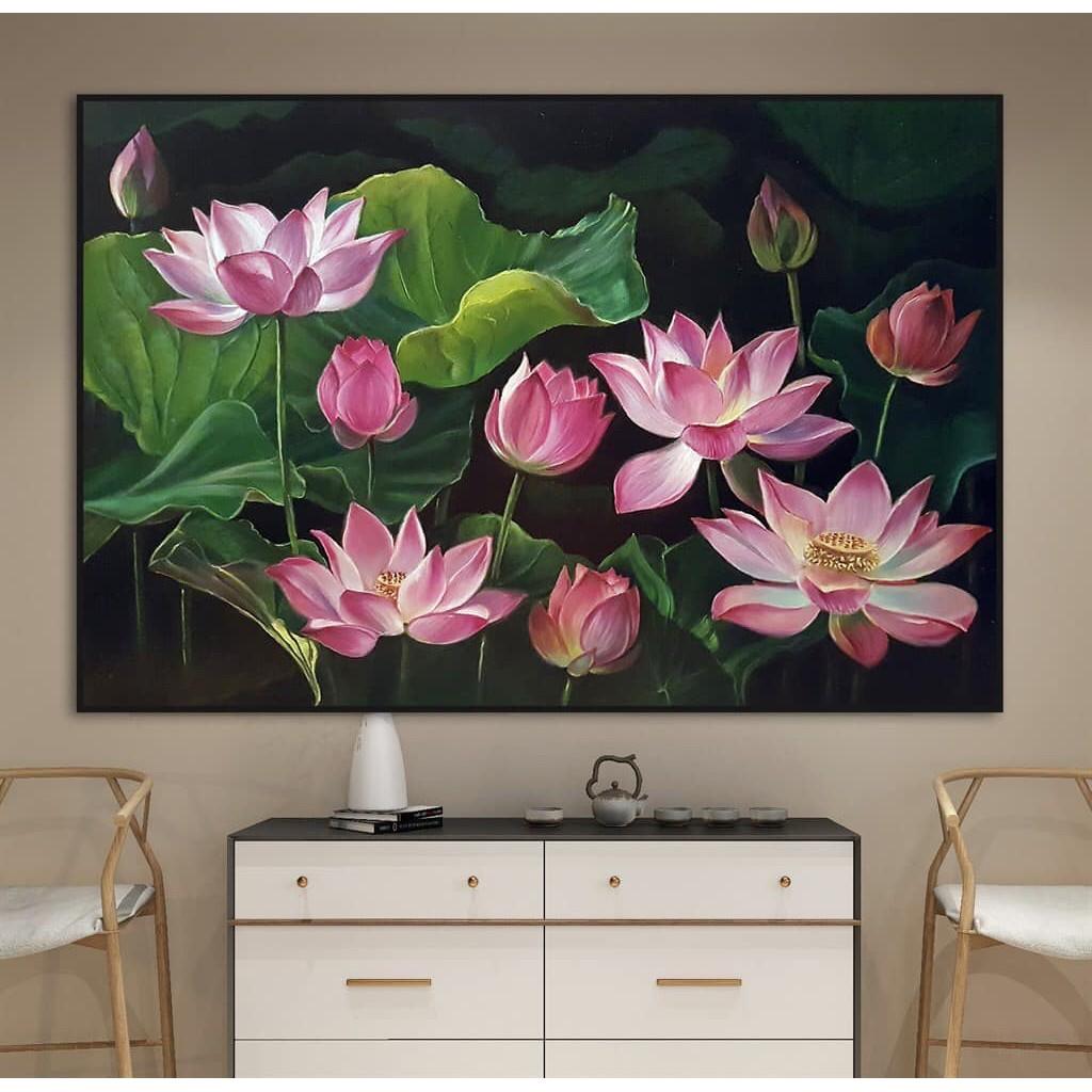 Tranh treo tường tranh CANVAS , Tranh sơn dầu( tranh vẽ tay)mẫu hoa sen kích thước 60* 80cm( kèm khung cao cấp