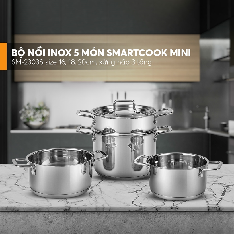 Bộ nồi inox 5 món Smartcook SM2303 (3 nồi, 1 xửng hấp 3 tầng, 1 vung kính 3 tầng) - Hàng chính hãng