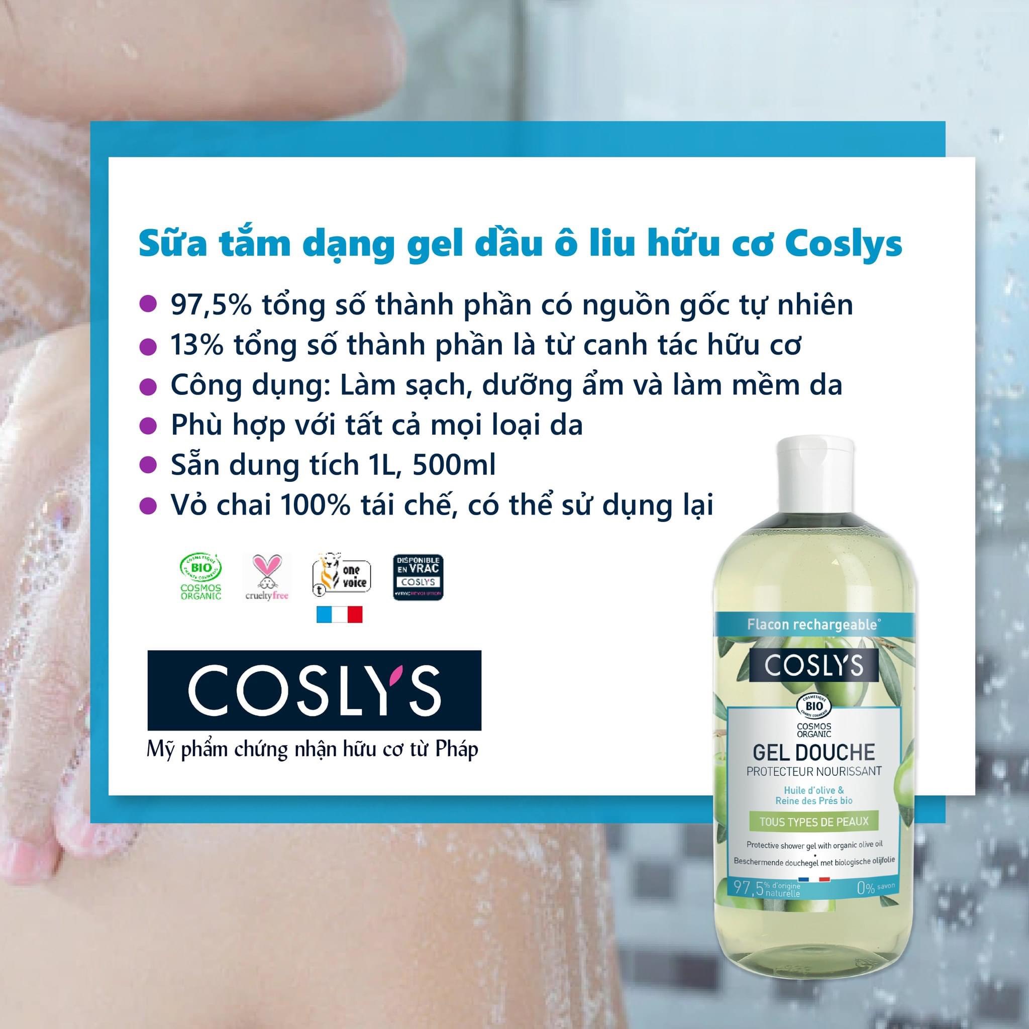 Sữa tắm hữu cơ dạng Gel chiết xuất từ Ô liu 1L - Coslys