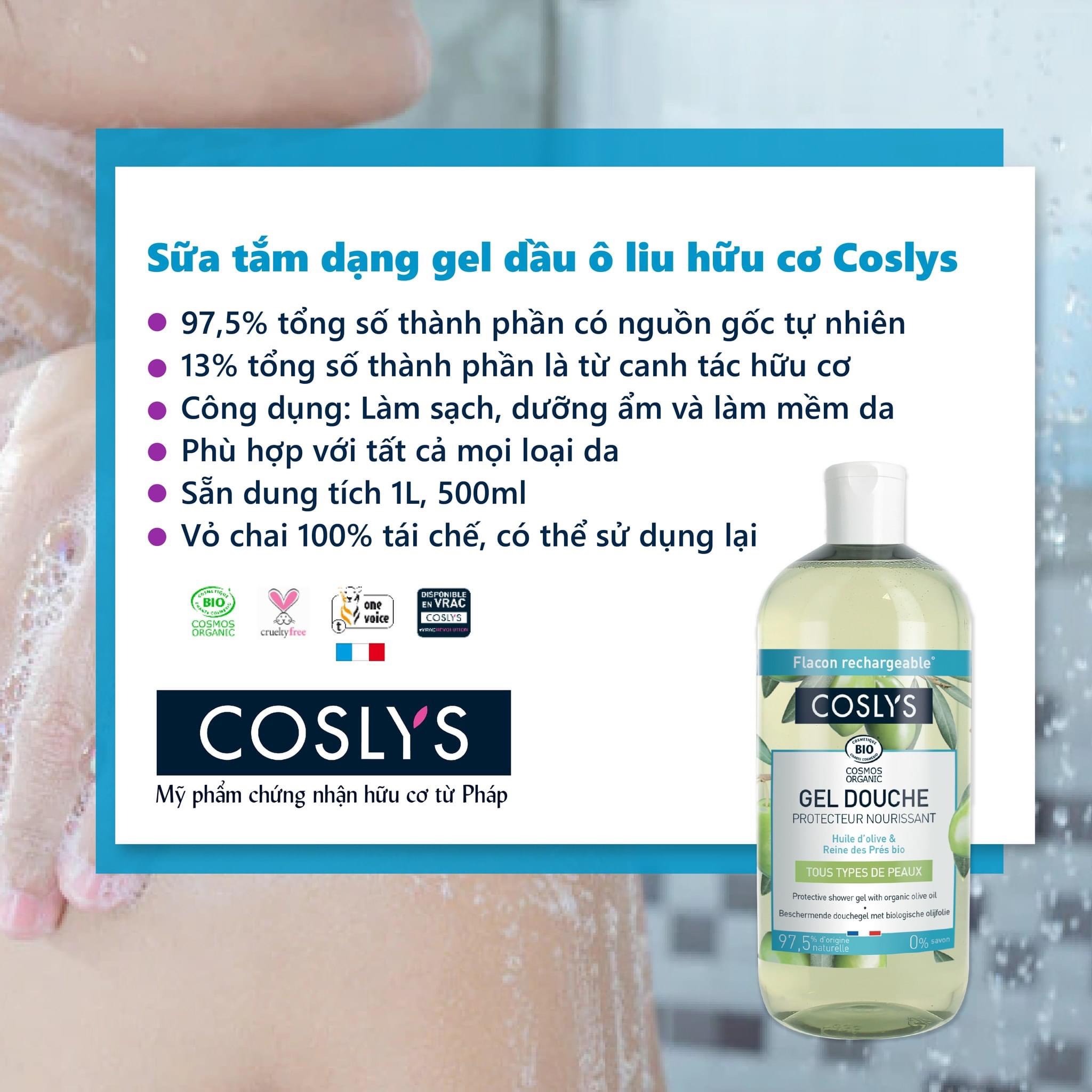 Sữa tắm hữu cơ dạng Gel chiết xuất Olive - Cỏ roi ngựa - Yến mạch cho da nhạy cảm 1L - Coslys