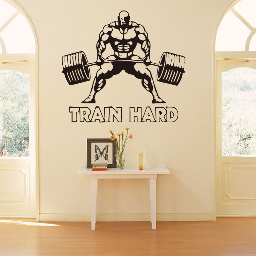 Decal Dán Tường Sticker Bodybuilding Gymer Gánh Tạ Train Hard Động Lực