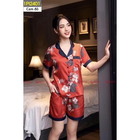 Đồ Bộ Nữ  Pijama Chất Lụa Satin Nhật Cao Cấp Quần Đùi Áo Cộc Tay Họa Tiết 1Pi24