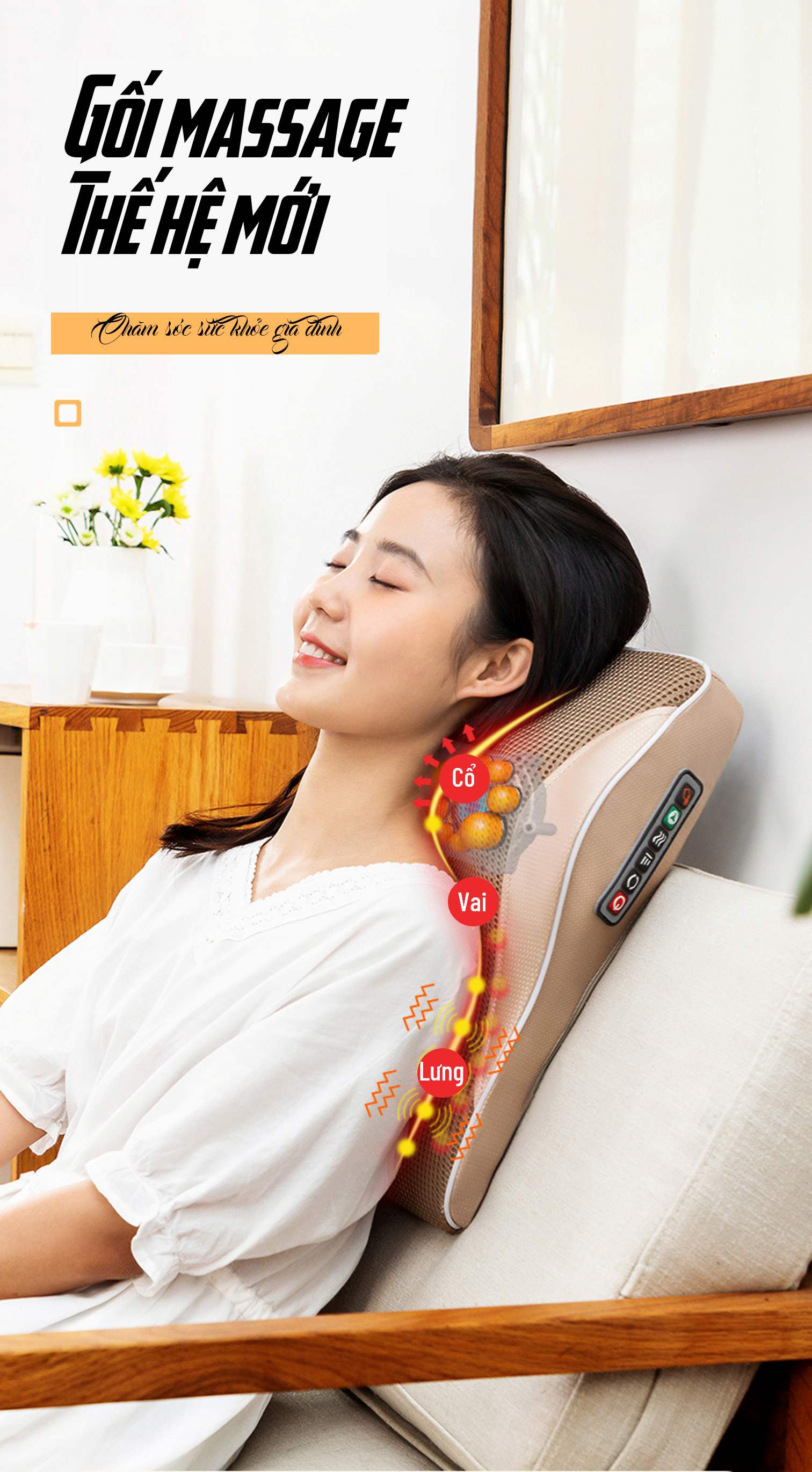 Gối Massage Hồng Ngoại Đa Năng - Chuyên Sâu Cho Cổ, Vai Gáy, Lưng Dưới, Đùi, Chân - Sử Dụng Tại Nhà, Văn Phòng, Trên Ô Tô - Máy Mát xa Toàn Thân Nhiệt Hồng Ngoại