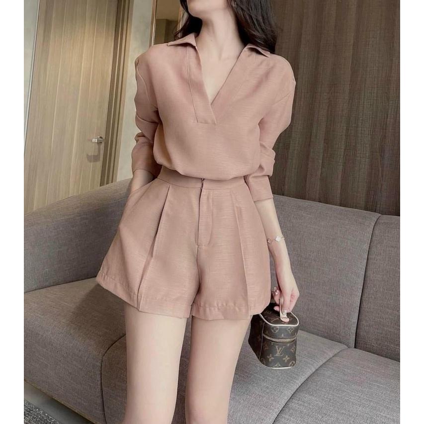 Sét bộ thời trang nữ áo sơ mi cổ V tay dài phối quần đùi đa dạng màu sắc .