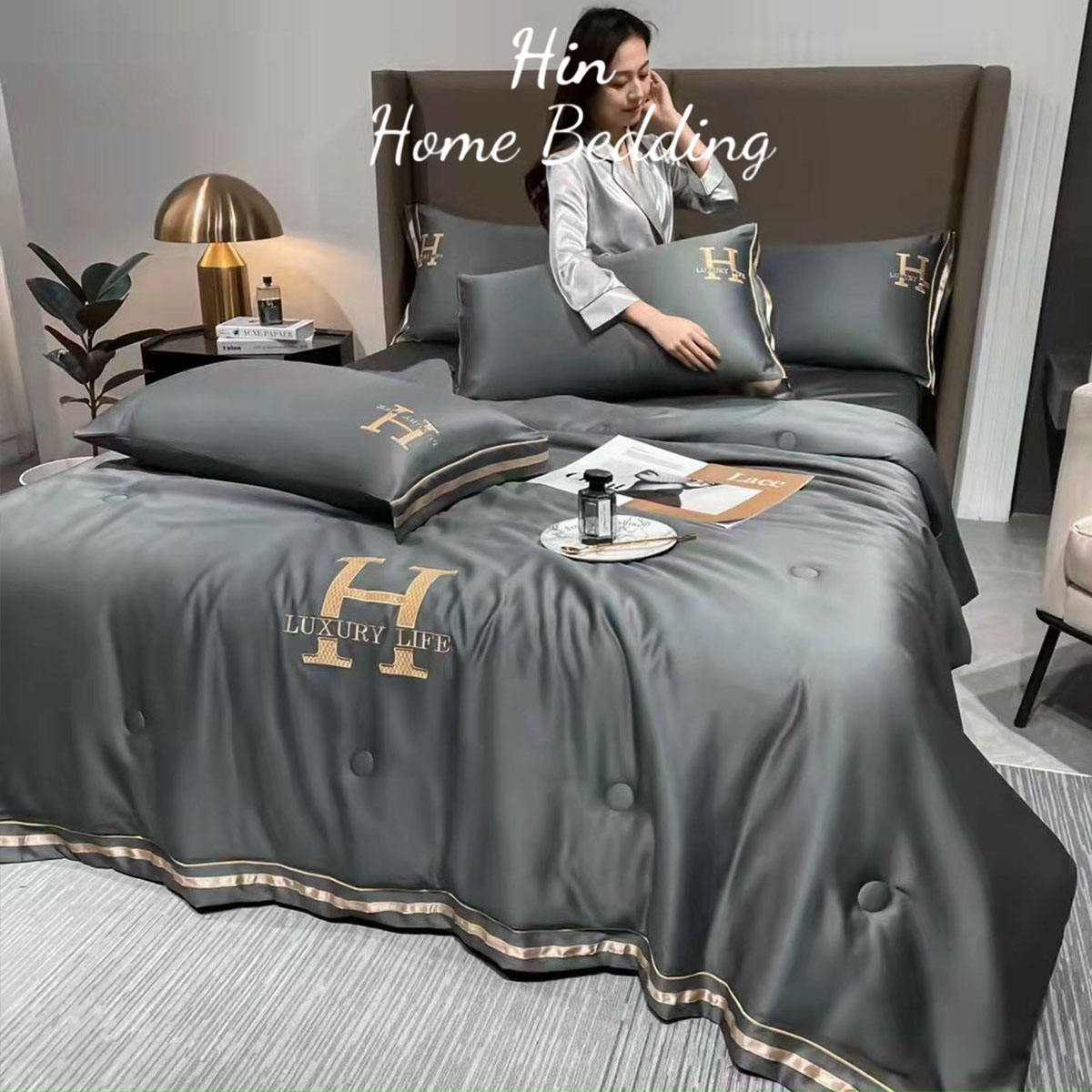 Bộ Chăn Ga Gối Đệm 5 Món Chăn Phao Lụa Thái Hin Home Bedding Drap Giường Lụa Mẫu Xám Lông Chuột