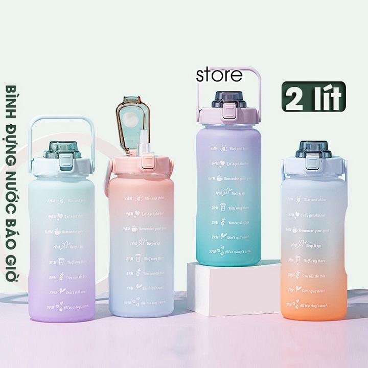 Bình Đựng Nước 2 Lít Có Vạch Kẻ Chia ML Báo Giờ Uống Nước Mỗi Ngày Kèm Ống Hút Tiện Lợi