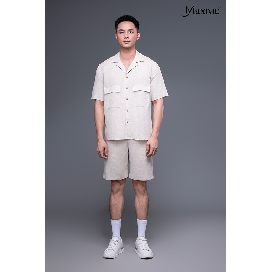Áo sơ mi nam trắng kem linen ngắn