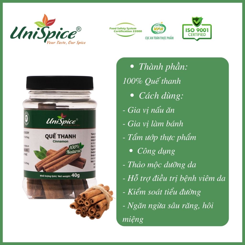 Vỏ quế/ Quế thanh UniSpice (lọ) 40gr. Gia vị tự nhiên