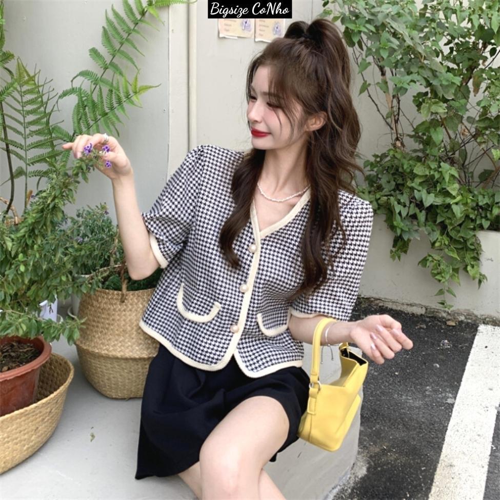 Áo dạ bigsize nữ 58-95kg cộc tay nút ngọc chất dạ tweed, Áo kiểu nữ big size form rộng AO DA - Màu nâu