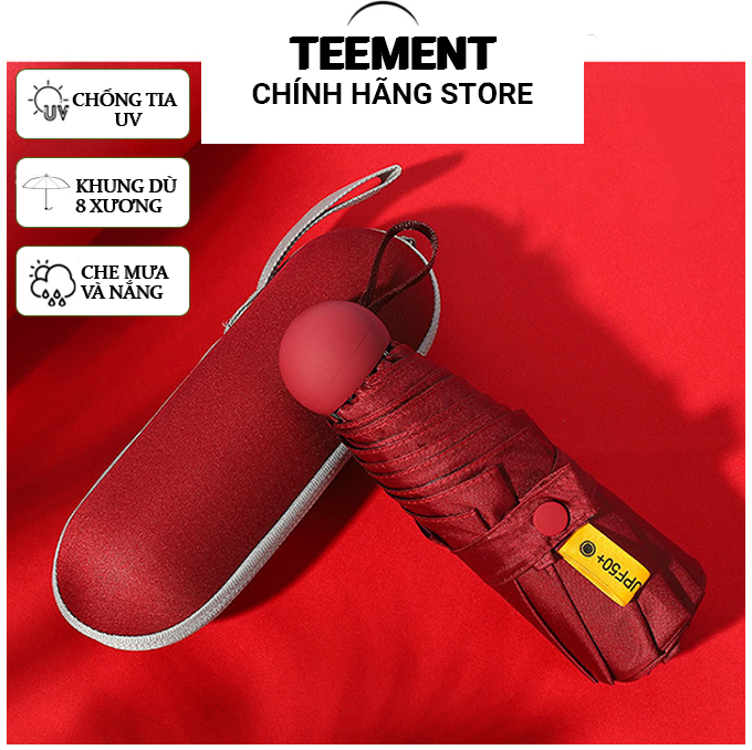 Ô Dù Gấp Gọn Mini Teement 19Cm, Dù Che Mưa, Dù Chống Tia Uv Mini Siêu Gọn 8 Xương, Có Hộp Đựng Chống Sốc - Hàng Chính Hãng - Màu Đỏ