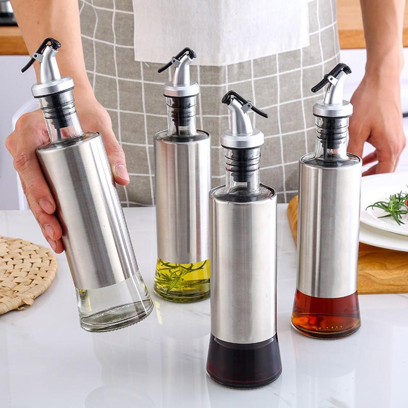 Chai rót dầu ăn, nước tương thủy tinh bọc Inox 304 cao cấp 300ml bằng thủy tinh chai hũ lọ gia vị dụng cụ nhà bếp tiện ích VANDO