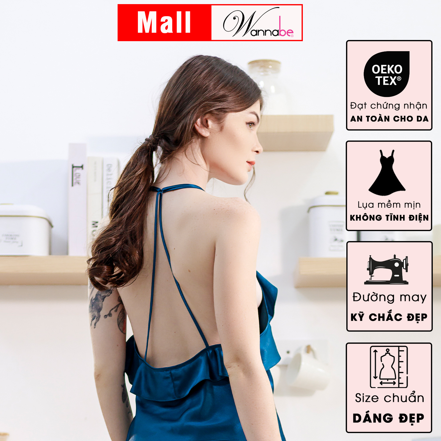 Đầm ngủ phi lụa cao cấp Wannabe DNS22 cổ yếm cut-out lưng nữ tính quyến rũ