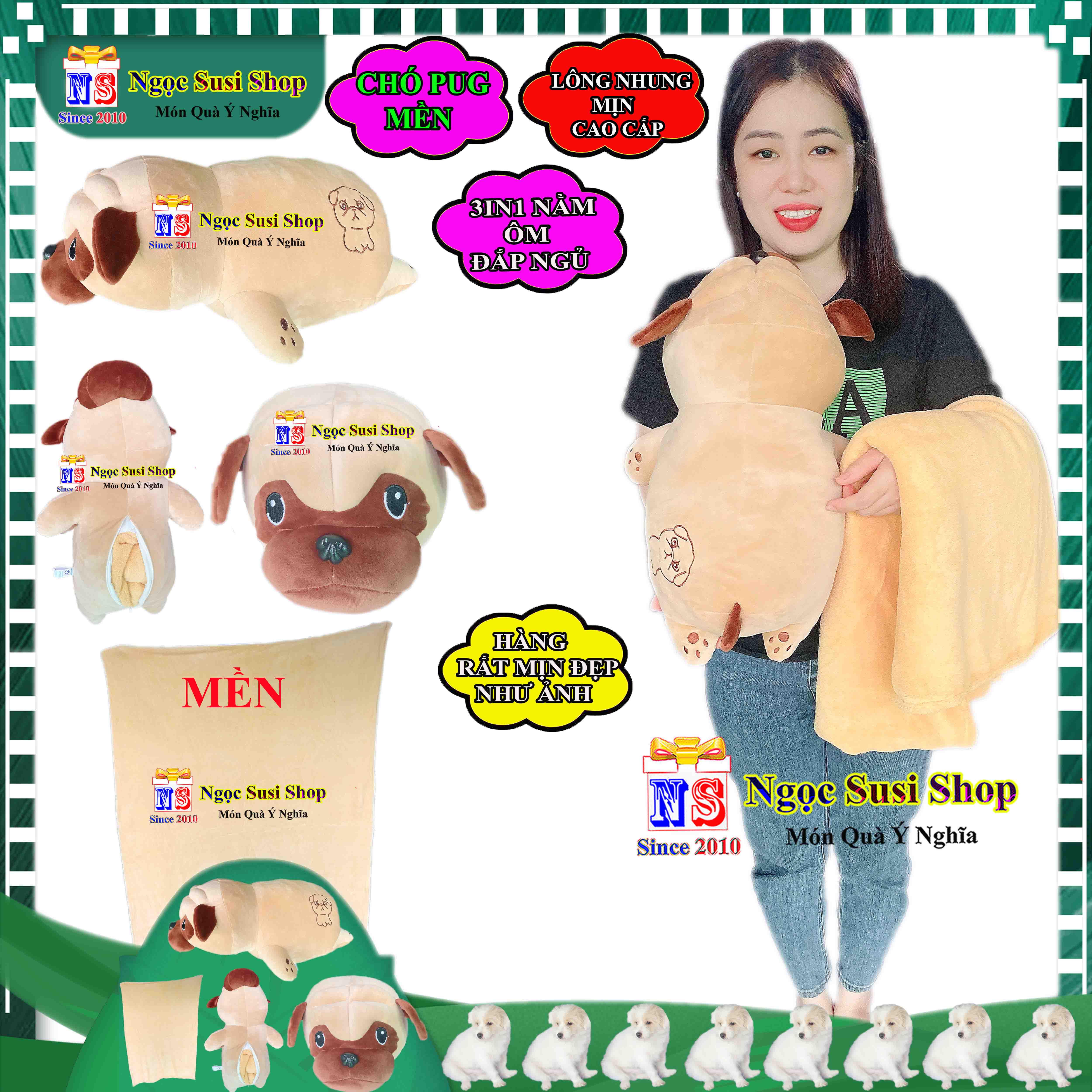 THÚ BÔNG MỀN 3IN1 CON CHÓ PUG NẰM ÔM ĐẮP MỀN NGỦ RẤT ĐẸP - GẤU BÔNG CHÓ PUG MỀN 3IN1
