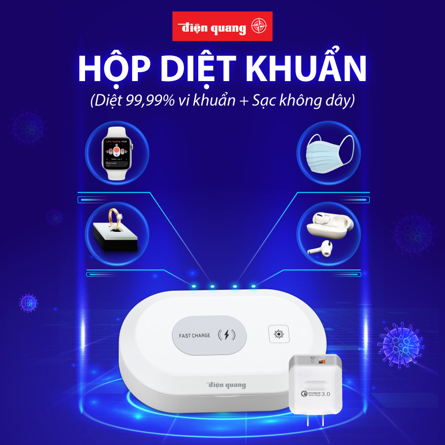 Hộp diệt khuẩn, khử trùng UVC Điện Quang tích hợp sạc không dây ĐQ BOX01 02UV 15FWC (2W UV, 15W Fast Wireless Charging)