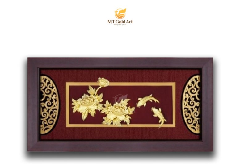 Hình ảnh Tranh cá chép hoa mẫu đơn (42x81cm) MT Gold Art- Hàng chính hãng, trang trí nhà cửa, phòng làm việc, quà tặng sếp, đối tác, khách hàng, tân gia, khai trương 