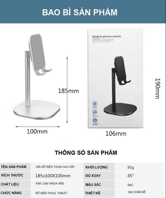 Giá Đỡ Điện Thoại, Máy Tính Bảng Hợp Kim Nhôm điều chỉnh chiều cao