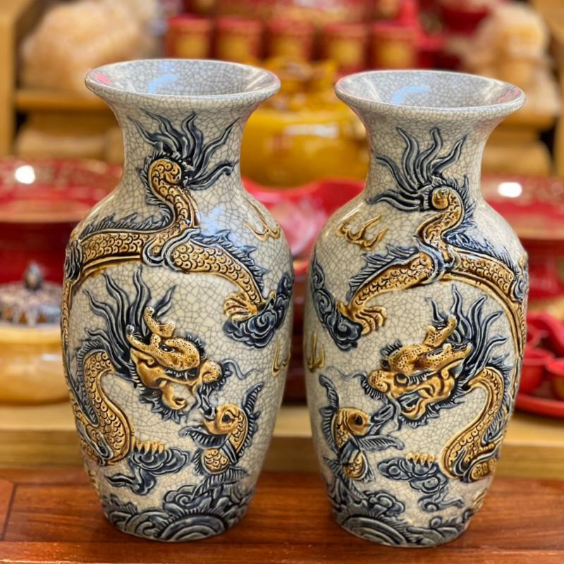 Bộ đồ thờ men rạn RỒNG VIỆT, Đồ thờ gia tiên, đồ thờ thần tài gốm sứ đắp nổi hoạ tiết rồng cao cấp