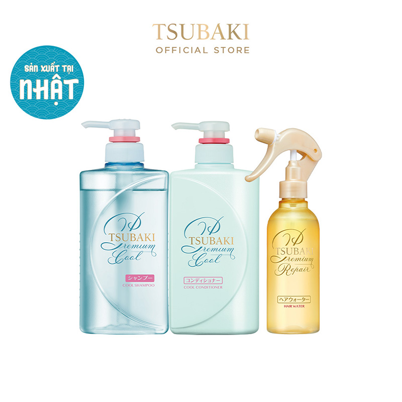 Bộ Ba Gội Xả Tsubaki Premium Cool Sạch Dầu Mát Lạnh và Xịt Dưỡng Tóc 220ml