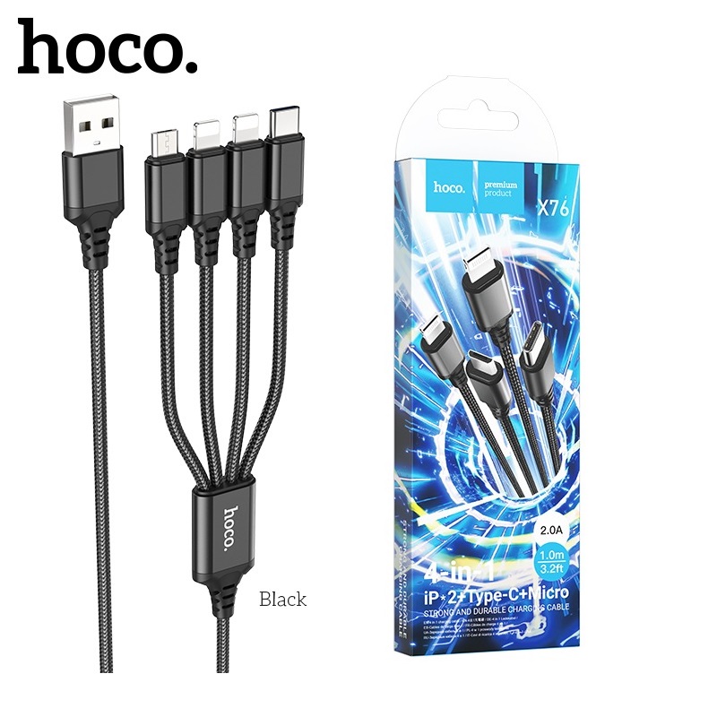 Dây Sạc Đa Năng 4 in 1 Hoco X76 dòng sạc 2A dài 1m dây dù siêu bền - 2 đầu dùng cho iPhone - 1 đầu TypeC - 1 đầu micro usb - Hàng Chính Hãng