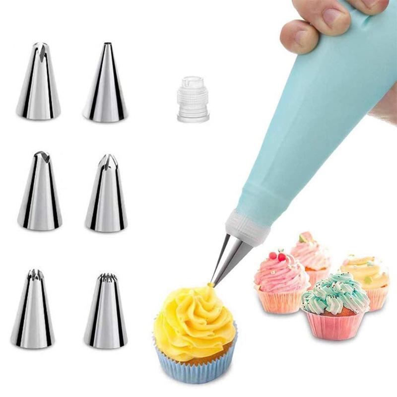 6 vòi làm bánh ngọt và 1 túi bắt kem silicon có thể tái sử dụng, Bộ phụ kiện làm bánh chuyên nghiệp DIY để trang trí bánh cupcake và bánh nướng xốp
