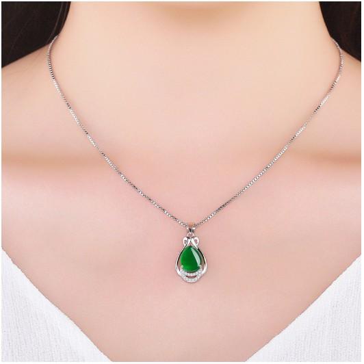 Mặt Dây Chuyền Thời Trang Đính Đá Chalcedony Xanh Ngọc, Hồng Ngọc Kiểu Giọt Nước Hợp Kim Mạ Bạc Cao Cấp