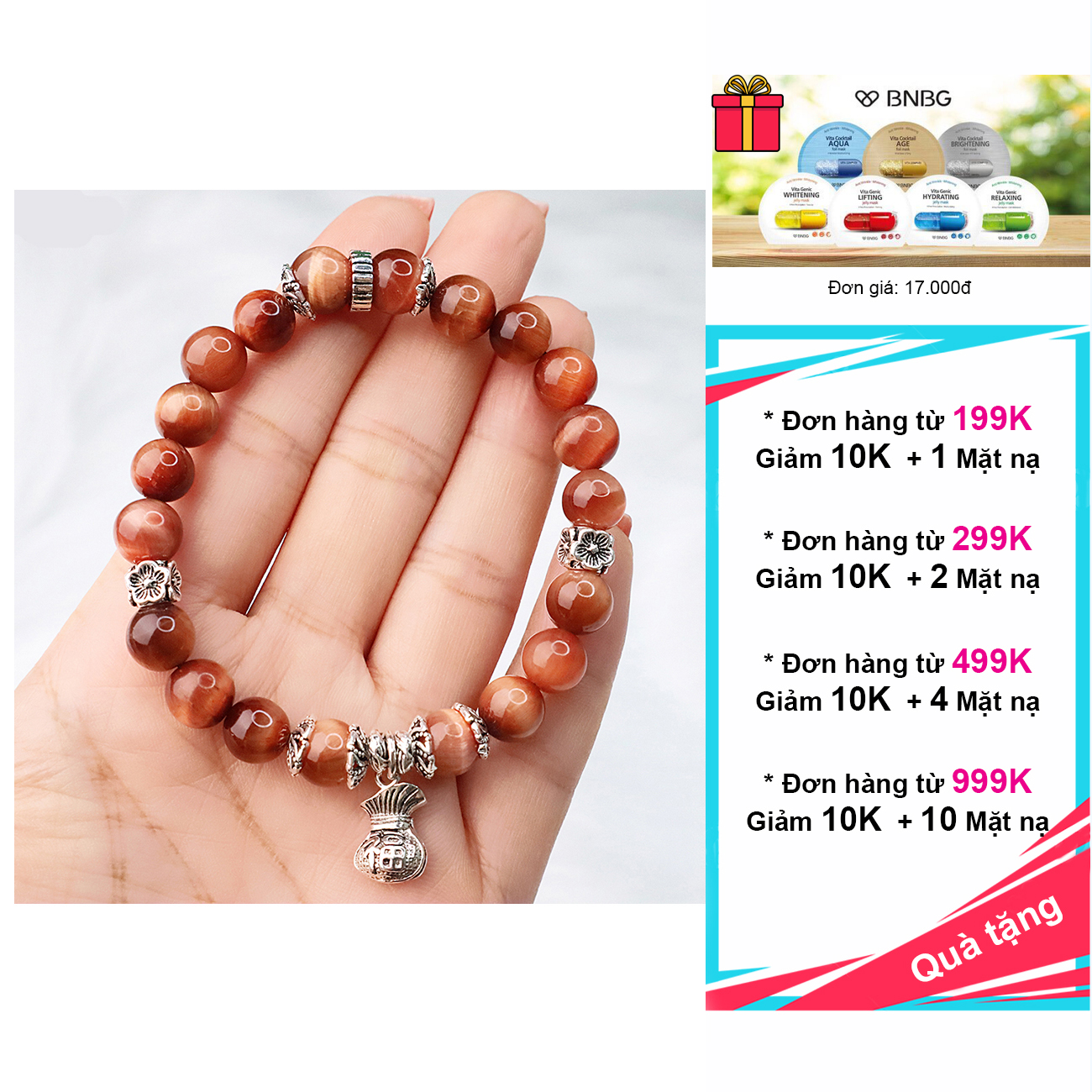 Vòng đá mắt hổ cam đỏ 8mm 4A mix charm bạc 925 cao cấp