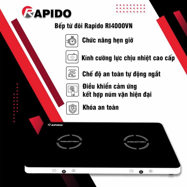 Bếp từ dương đôi Rapido RI3000KB, bếp điện từ đôi kính cường lực, chế độ an toàn hẹn giờ tự động ngắt - Hàng chính hãng