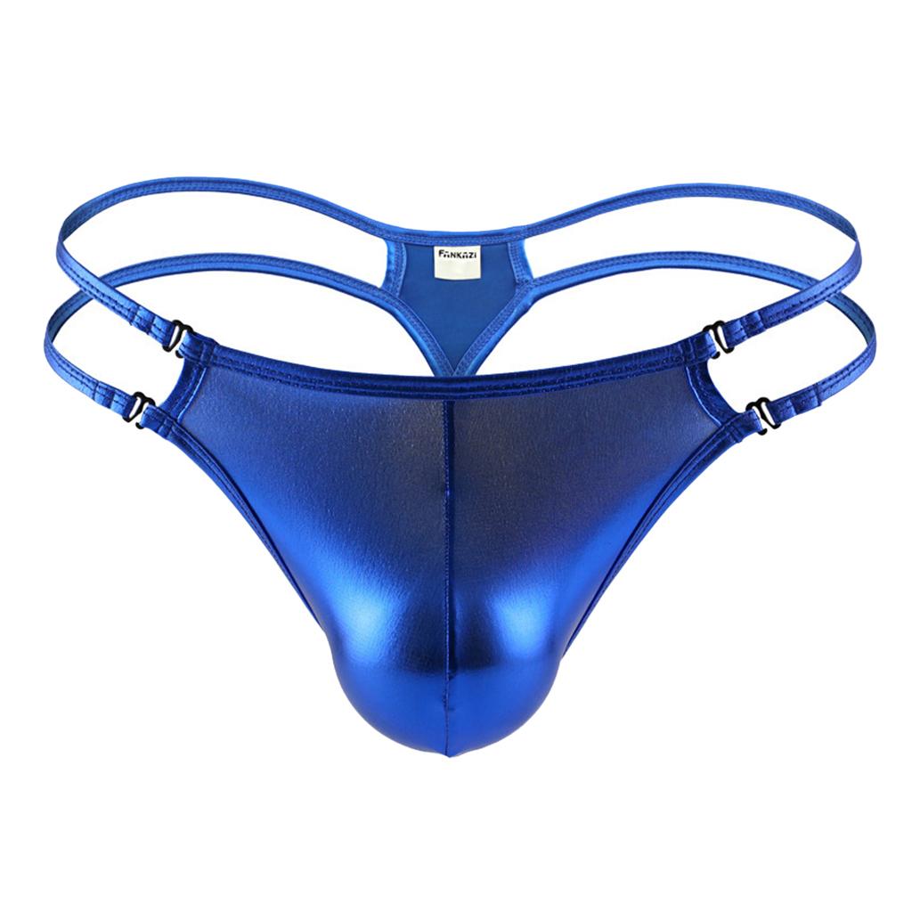 Men's Adjustable Wet Look Briefs Thong Underwear Tangas G-String T-back Blue
