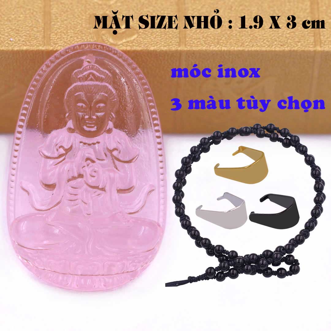 Mặt Phật Đại nhật như lai pha lê hồng 1.9cm x 3cm  kèm vòng cổ hạt chuỗi đá đen + móc inox vàng, Phật bản mệnh, mặt dây chuyền