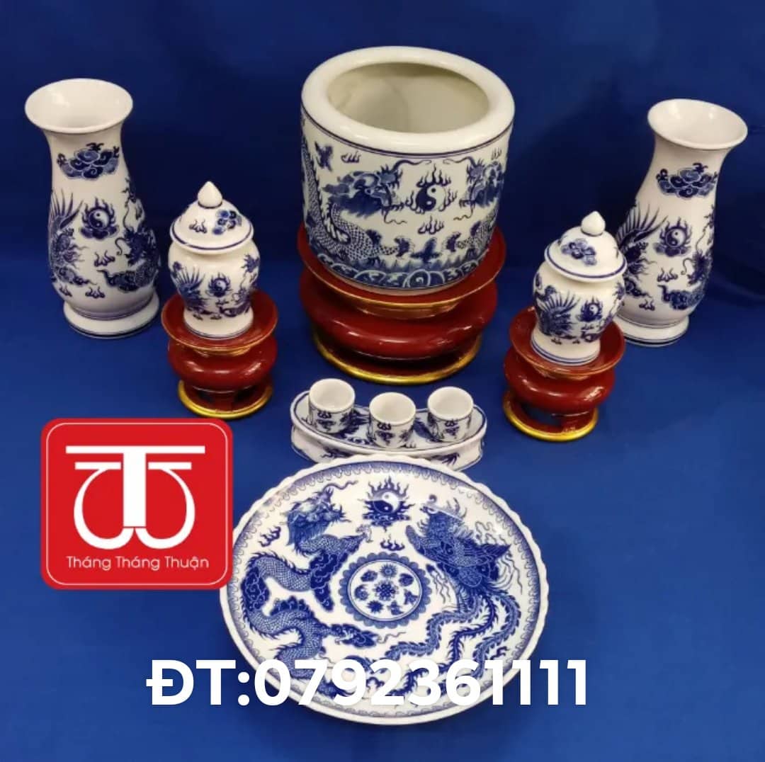 BỘ BÁT HƯƠNG VẼ RỒNG ĐẾ GỖ SƠN SON THẾP VÀNG, ĐẾ CAO 12CM