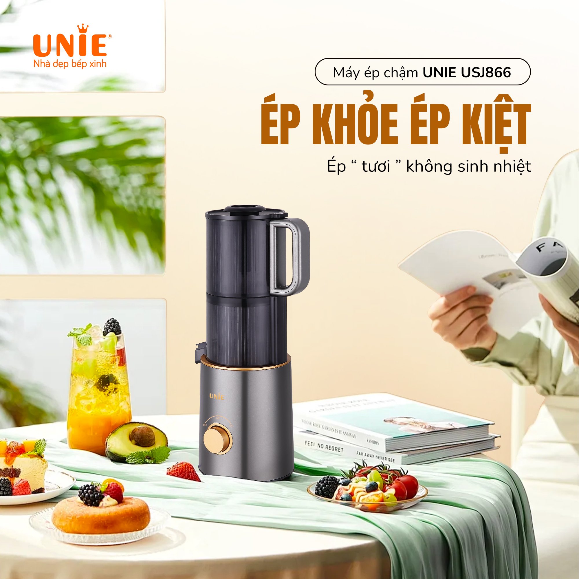 Máy ép chậm UNIE USJ866 công nghệ ép tươi cao cấp, công suất 200W, ống tiếp nhiên liệu cực lớn, ép nguyên trái, Bảo hành 12 tháng- hàng chính hãng