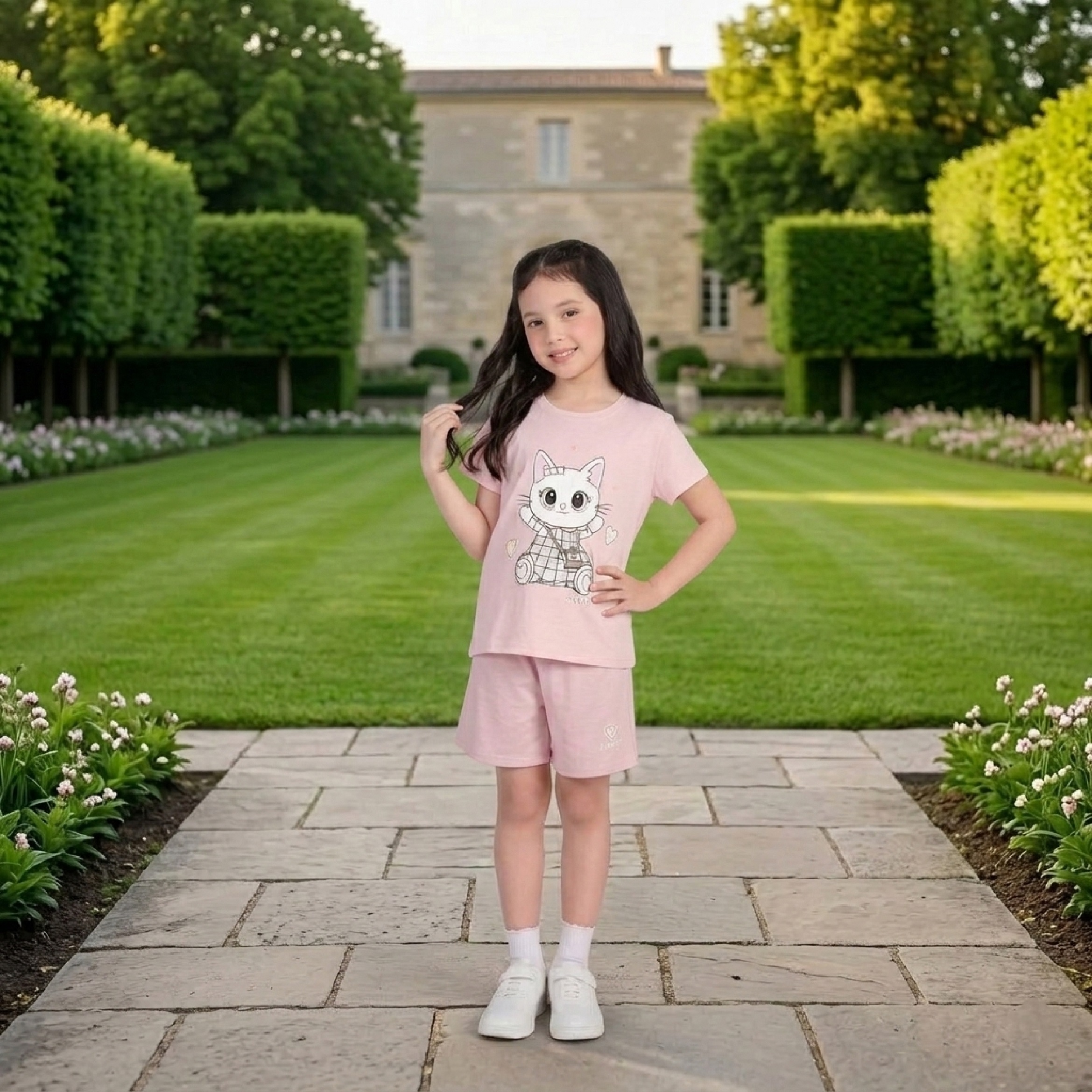 Bộ đồ cộc tay cho bé gái Bigfox Miss Meow size đại mặc nhà mùa hè vải cotton mềm cỡ trẻ em 3-11 tuổi