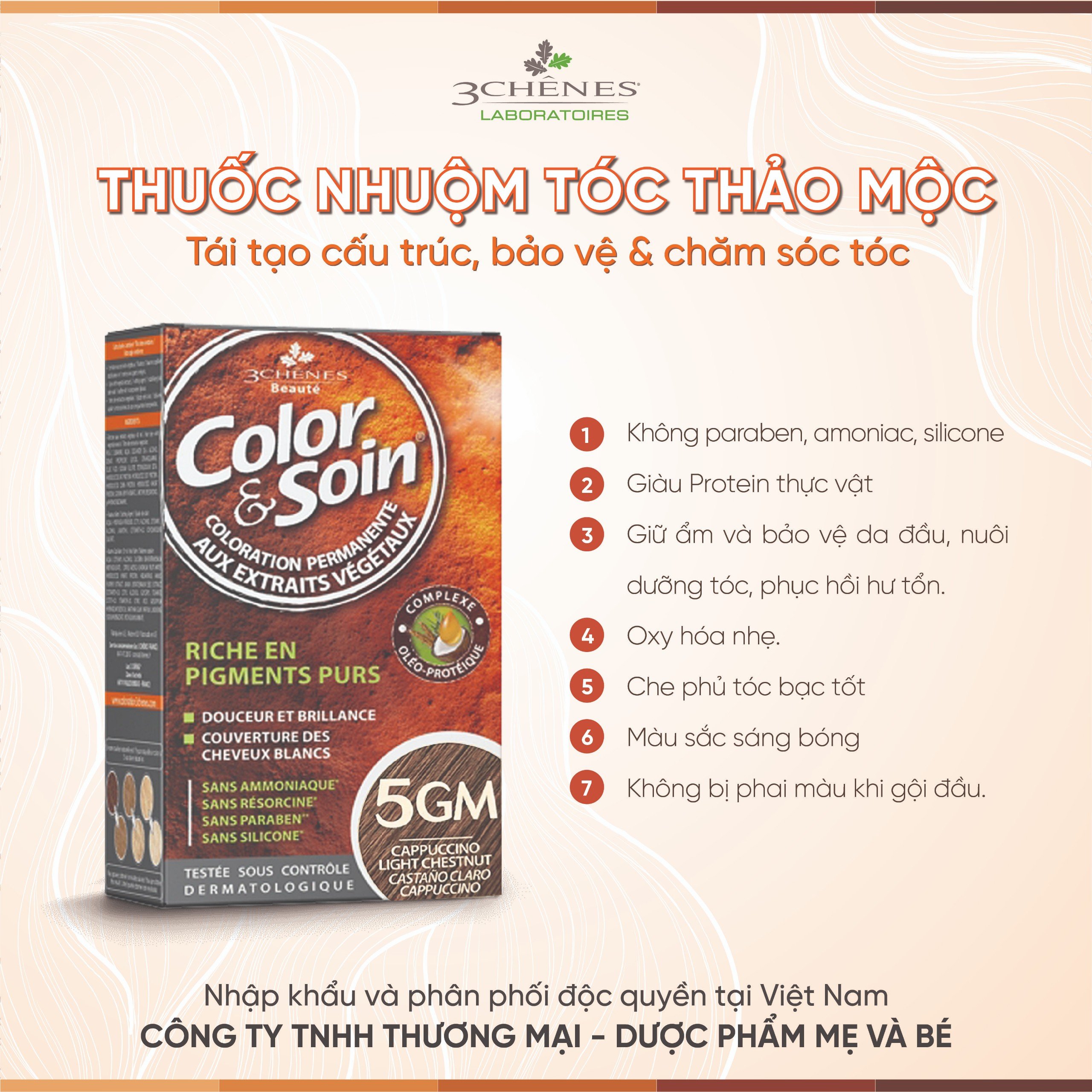 Thuốc Nhuộm Tóc Phủ Bạc 3 CHENES COLOR&amp;SOIN CAPPUCINO LIGHT CHESTNUT 5GM_MÀU NÂU TÂY_Thảo dược Tự nhiên, An toàn Không chứa Amoniac [Nhập khẩu Pháp]