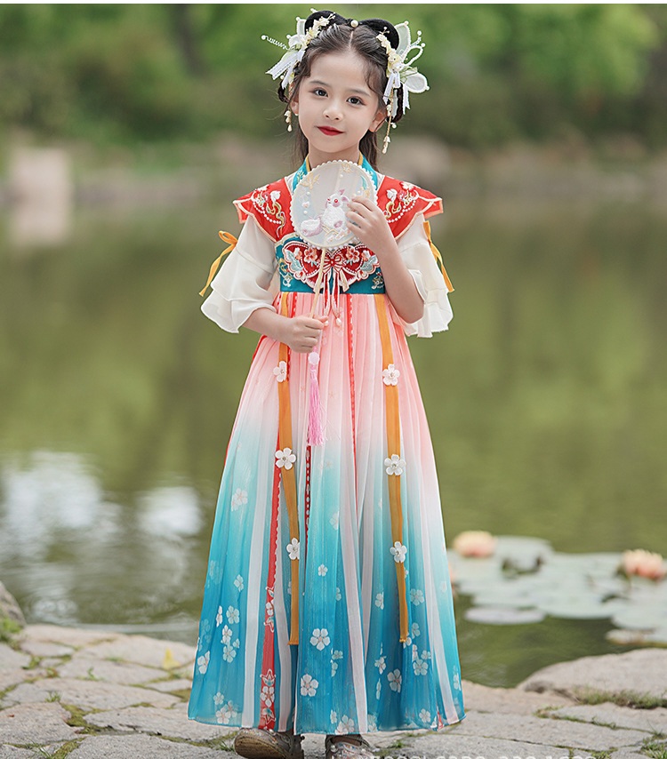 Đầm váy công chúa cổ trang hanfu thêu hoa cho bé gái diện lễ tết trung thu đẹp size 100-160kg hàng Quảng Châu