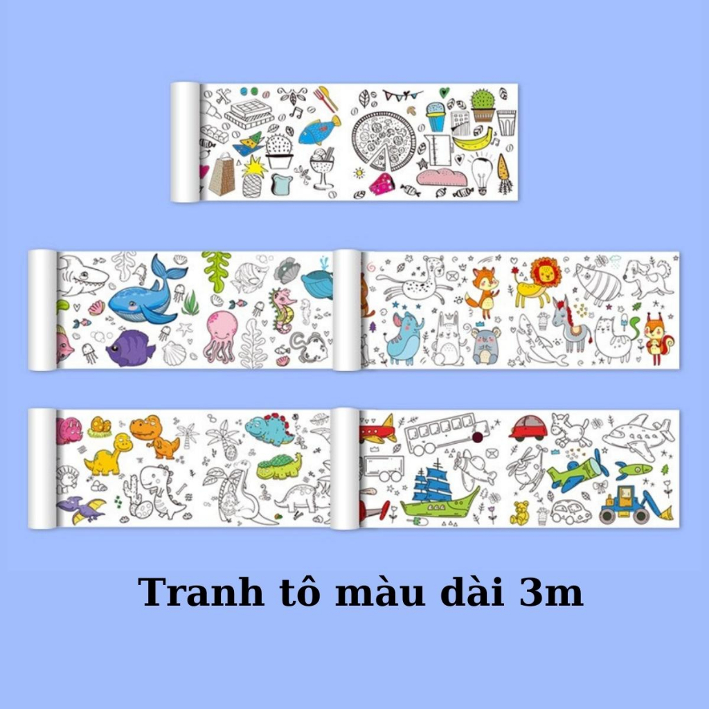 Sách - Tranh Tô Màu Sticker Cắt Dán Dài 3 Mét Cho Bé 2 - 8 Tuổi - Mỗi Cuộn 1 Chủ Đề (Lựa Chọn Thêm Sáp Hữu Cơ)