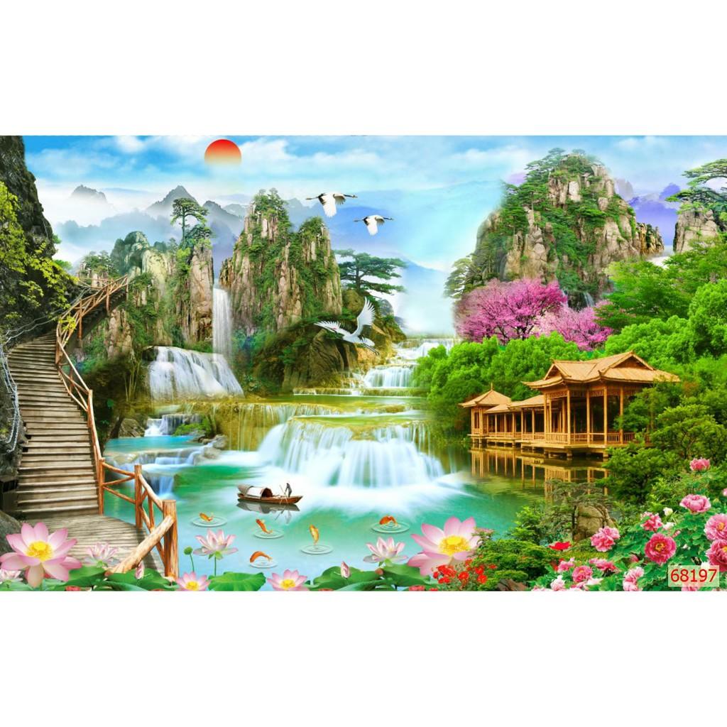 Tranh dán tường 3d sơn thủy hữu tình trang trí nhà cửa phòng khách giá rẻ đẹp chất liệu decal pp keo sẵn bóc dán atk34