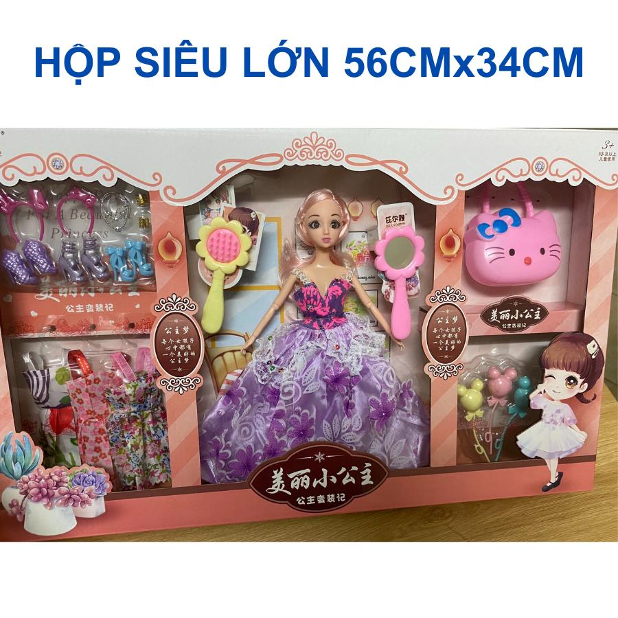 Búp bê công chúa, búp bê barbie hộp siêu lớn 56x34cm gồm 03 váy, 03 giày, trang sức và phụ kiện cho bé gái