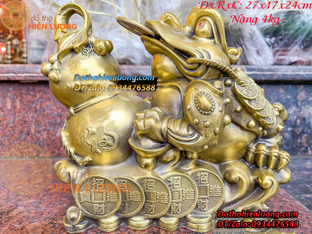 Tượng Cóc Ngậm Tiền Cưỡi Mây Ôm Hồ Lô Bằng Đồng Nguyên Chất Kích Thước 27x17x24cm, Nặng 4kg - Đồ Thờ Hiên Lượng
