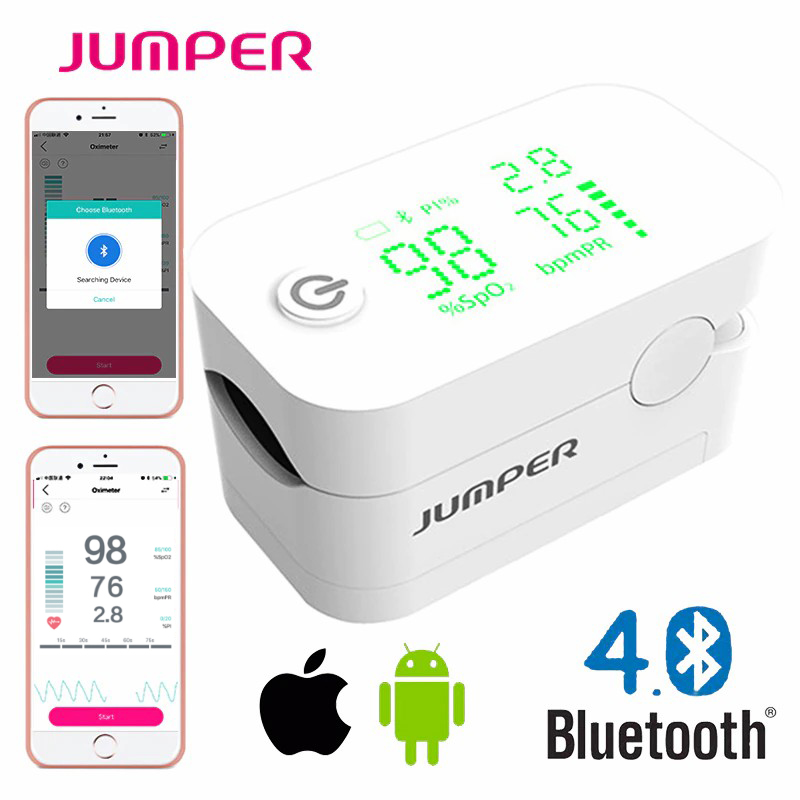 Máy đo nồng độ oxy máu SpO2, PR, PI Jumper JPD-500G (FDA Hoa Kỳ + xuất USA), Kết nối Bluetooth APP mobile, màn hình LED - Phiên bản màu Trắng